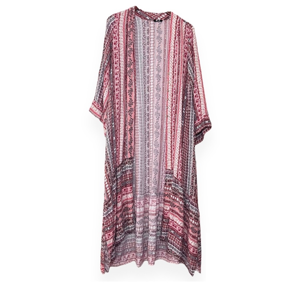 Miss Me Pink and Red Patterned Open Front Kimono Cardigan